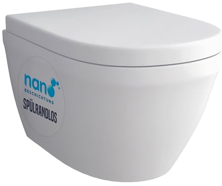 Alpenberger Wand WC Spülrandlos | Moderne Toilette WC Set | Tiefspüler Hänge WC | Toilettendeckel D Form | WC Sitz mit Absenkautomatik | Gäste WC mit Nano | Passend zu Geberit