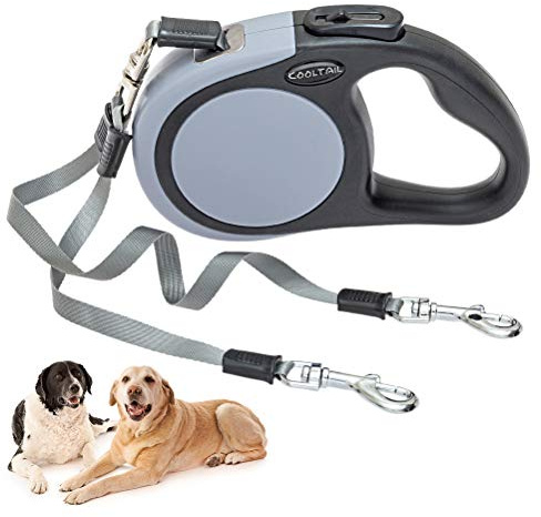 KOOLTAIL Dual einziehbare Hundeleine für Zwei Hunde bis 110 Lbs, Heavy Duty Doppelkopf 16 ft Ausziehbare 360° Verwicklungsfreie EIN-Knopf-Verriegelung Bremse Hundeleine für kleine mittlere Grau