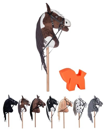 RL24 HKM - Hobby Horse Trixie inkl. Putzschwamm – Braun/Weiß | Steckenpferd mit Trense – Spielpferd aus Plüsch mit Holzstock & Langer Mähne – Stockpferd ohne Griffe & Rollen