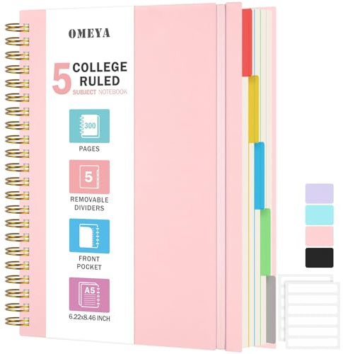 Notizblock, Notizbuch A5 Liniert, Notizbücher Mit 5 Fächern Und Herausnehmbaren Trennblättern, 300 Blatt 100GSM Spiral Notizbuch Softcover Zum Schreiben, Für Arbeit Und Schulbedarf, 15.8 x 21.5cm,Rosa