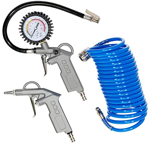 Güde Druckluft-Set 3-tlg. Metall (3-teilig: Reifenfüller, Spiralschlauch 5 m, Ausblaspistole (jeweils mit Stecknippel) für Kompressoren bis max. 10 bar)
