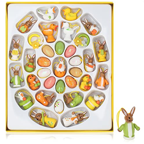 com-four® 34-teiliges Set Oster-Holzanhänger 2-4 cm - niedlicher Osterschmuck aus Holz - bunt bemalte Holzfiguren für den Osterstrauch zum Anhängen (34 Stück Anhänger)