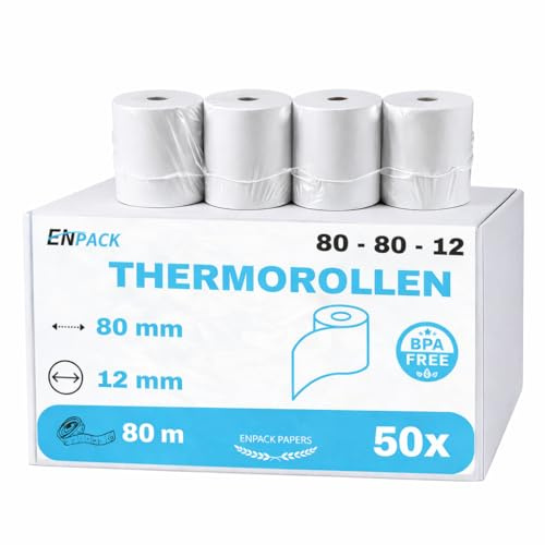 Enpack Thermorollen 80mm x 80m x 12 mm -Thermopapier - Bonrollen/Kassenrollen-BPA Frei - POS-Terminal - für alle gängigen Kassen-Bondrucker - Registrierkasse (80x80x12-80 Meter - 50 Rollen)