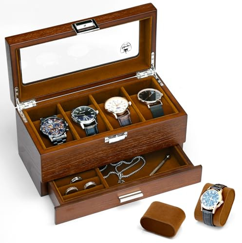 Slege Uhrenbox aus Holz mit 4 Fächern -Uhrenkasten Glasdeckel mit Schublade,Uhrenetui für Herren,Uhrenaufbewahrung für Uhren,Schmuckschatulle,Uhrenbox-Organizer für Damen und Herren,Geschenkidee