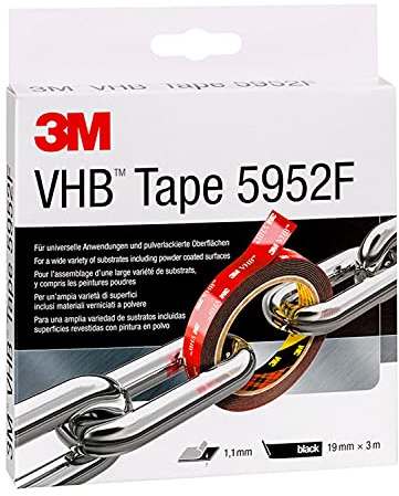 3M VHB 5952F Montage Klebeband doppelseitig - starke und dauerhafte Verbindung von Metallen, pulverbeschichteten Lacken, Glas, versiegeltem Holz, ABS - 19mm x 3m, Schwarz, Dicke: 1.1mm (1-er Pack)