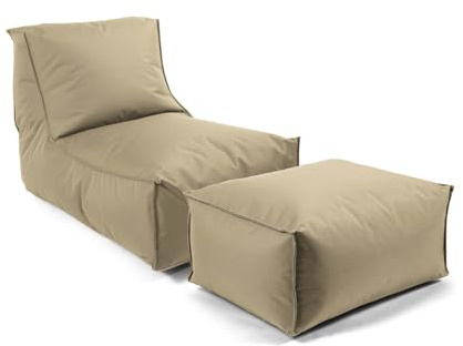 mokebo Sitzsack mit Hocker für Kinder & Erwachsene 'Der Sundowner', Bean Bag mit Füllung oder Bodenkissen für Indoor & Outdoor, auch als Liegekissen, Relaxliege oder Liege in Beige-Khaki