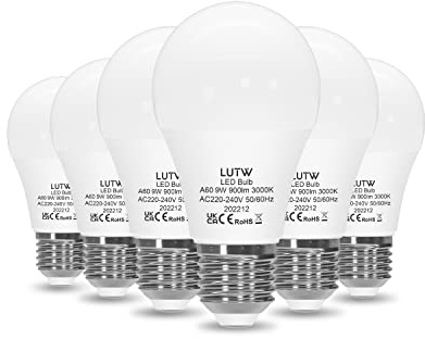 LUTW E27 LED Lampe, 9W LED Birne ersetzt 60 Watt Glühbirne E27, 3000 Kelvin Warmweiß A60 Leuchtmittel 900LM, 220° Abstrahlwinkel Energiesparlampe, Nicht Dimmbar, 6 Stück