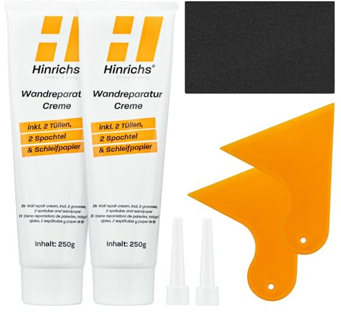 Hinrichs 500g Spachtelmasse Weiß - Wandreparaturpaste – Set aus 2x Instant Repair Paste 250g, 2x Wandspachtel, 2x Tüllen & Schleifpapier - Löcher Wand füllen Weiß - Lochfüller Kit