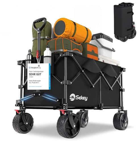 Sekey XXL Plus Bollerwagen Faltbar mit Bremsen 200L 200KG Belastbar, Extra Breite Reifen All Terrain Bollerwagen, Patentiert Zusammenfaltbar aus Vier Richtungen, XXL-PlusB 4011, Schwarz
