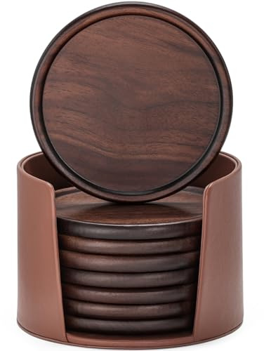 GOH DODD Getränkeuntersetzer aus Holz mit Lederhalter, 10,2 cm, 8 Stück, Holz-Untersetzer, Tassenuntersetzer, Dekoration für Bar, Küche, Zuhause, Wohnung, Walnussholz