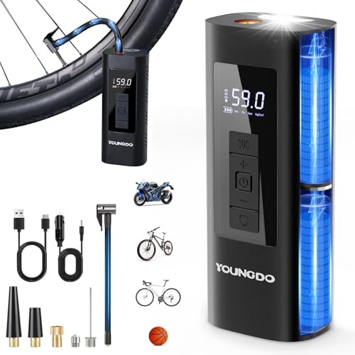 YOUNGDO Fahrradpumpe, Luftpumpe Fahrrad, Elektrische Luftpumpe | Akku Kompressor 6000mAh, 150PSI, für Fahrrad, Motorrad, Auto