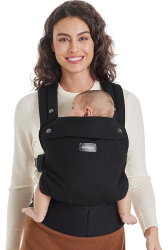 Momcozy Babytrage aus 100% Baumwolle – Baby Carrier für Kleinkind (3-24 Monate, 3,2-20 kg) · Ergonomische M-Position · X-Rücken · Taillengurt 64-127cm, Schwarz