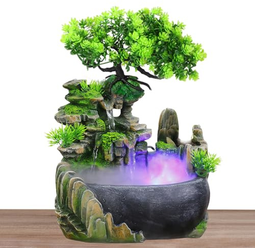 Zimmerbrunnen Wasserfall, Grüne Pflanze Brunnen mit Farbwechsel LED Beleuchtung und Zerstäuber, Zimmerbrunnen Klein für Zimmer, Wohnräume und Büros, Reinigt die Luft (20 x 15 x 28 cm)