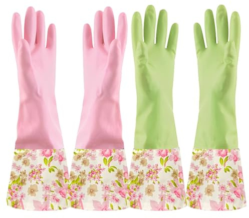 KINGFINGER Gummi-Latexfreie Reinigungshandschuhe, 2 Paar Geschirrspülhandschuhe, lange Guff- und Flockfutter, Haushaltshandschuhe, Größe M