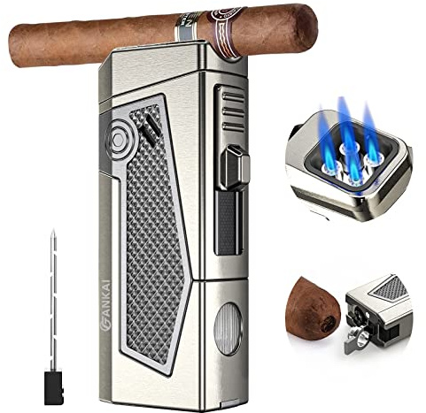 Zigarrenfeuerzeug mit 4 Brennern und Jet-Flame – Zigarrenbohrer, Halter, Zugverstärker, winddichtes, nachfüllbares Butanfeuerzeug mit Geschenkbox, multifunktionales Raucherzubehör