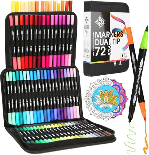 ZENO 72 Filzstifte Set mit Doppelseitiger Spitze und Etui – Dual Brush Pen für Erwachsene – Stifte Set mit Feiner Spitze und Pinselspitze für Malbücher, Zeichnen, Mandalas und Lettering