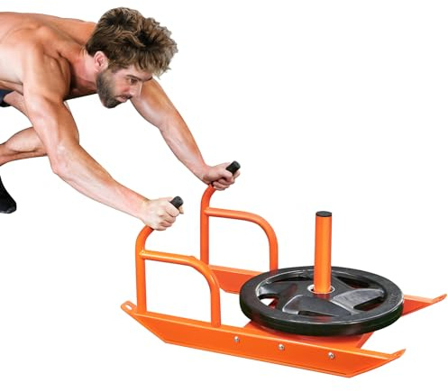 VEVOR Zugschlitten für Krafttraining, Fitness-Kraft-Geschwindigkeitstrainingsschlitten mit Griff, Trainingsgerät aus Stahl für Sportliche Übungen, Geeignet für 1- und 2-Zoll-Gewichtsscheiben, Orange