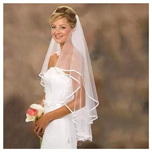 Dishowme 2 Ebenen Hochzeitsschleier Mit Band - Kathedrale Kopf Schleier, Weiche Tüll Schnitt Rand Fingerspitze Haarschmuck Mit Kamm für Braut Und Junggesellinnenabschied