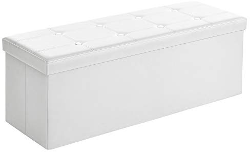 SONGMICS 110 cm Sitzbank mit Stauraum, Sitztruhe, Aufbewahrungsbox, Fußhocker, faltbar, gepolstert, Bezug aus Kunstleder, bis 300 kg belastbar, weiß LSF702