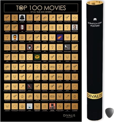 Divalis Rubbel Poster der Top 100 Filme - Bucket List Plakat Filme, die Man Gesehen Haben Muss - Rubbelposter der Filmliste - Top 100 Filmposter Rubbel - Top 100 Movies Scratch off Poster