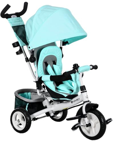HOMCOM Dreirad 6-in-1 mit Schubstange für 1-5 Jahre bis 25kg Grün | Kinderdreirad, Vorwärts- und Rückwärtsfahrt, Korb, Tasche, Becherhalter, Sonnendach