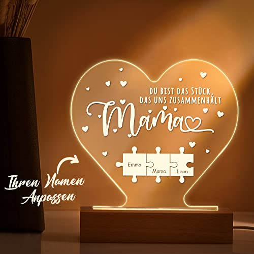 VEELU Muttertagsgeschenk Herz Nachtlicht aus Acryl mit Namen Puzzles Mom, du bist das Stück, DASS Uns zusammenhält Mama Geschenk zum Muttertag (4 Puzzles)
