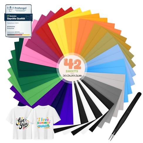 moinkerin 42 Stücke Plotterfolie Textil mit Pinzette 30.5X20.5cm Bügelfolie für Textilien Flexfolie Plotter Textil für T-Shirt, Kleidung, Hüte oder Andere Stoffe (20 Farben)