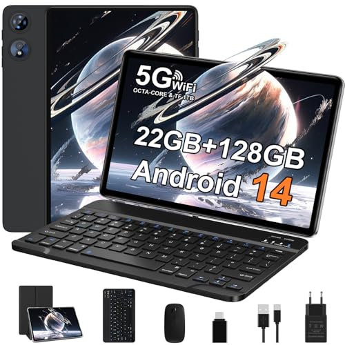 2026 Neueste Tablet 10.1 Zoll Android Octa-Core 22GB RAM+128GB ROM (2TB TF), Widevine L1, 5G+2.4G WiFi, BT 5.0, 8000mAh, 8+5MP, 1280 * 800, GPS, Type C, 2-in-1 Tablet mit Tastatur und Maus - Schwarz