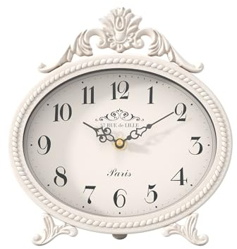 Abdurey Vintage-Tischuhr auf Ständer, Schreibtisch und Regal, dekorative Uhr, französischer rustikaler Stil, Kaminuhr, Metallrahmen, antikweißes Finish, Bauernhaus, Schlafzimmer, Nachttisch