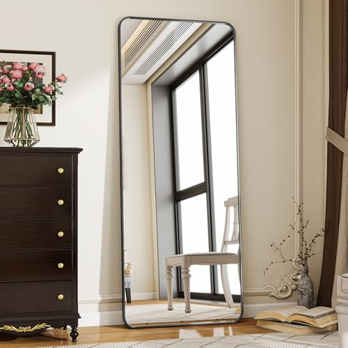 Koonmi Standspiegel mit abgerundeten Ecken, 53 x 163 cm runden Ecken Ganzkörperspiegel mit Ständer, großer Fußboden Standspiegel Ganzkörperspiegel Wand Hänger für Schlafzimmer, Wohnzimmer, Schwarz