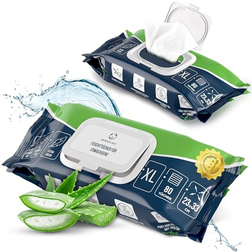 Sensalou XXL Feuchttücher für Erwachsene - 80x Extra große Reinigungstücher | 23x33 cm Körperpflegetücher für Inkontinenz mit Aloe Vera & Vitamin E - Ohne Alkohol & Parfüm - Sanft & Reißfest