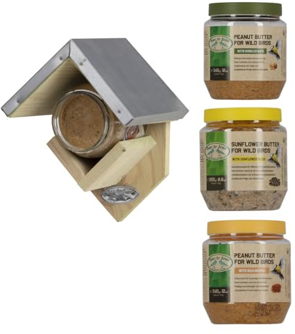 4 TLG. Set Vogelfutterhaus für Erdnussbutter Futtergläser + 3X Futter im PET Glas Wildvögel Gartenvögel Holz Mehlwürmer Erdnussbutterhaus