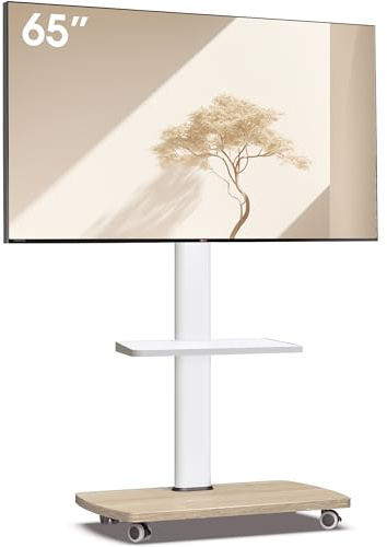 AOKCOS TV Ständer Rollbar mit Holzablage Regal, Fernsehständer auf Rollen für 32-65 Zoll Fernseher, TV Bodenständer Höhenverstellbar Schwenkbar, bis 40 kg Max. VESA 400x400mm (Weiß+Natur)