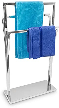 Relaxdays Handtuchständer geschwungen H x B x T: ca. 86 x 50 x 20 cm freistehender Handtuchhalter in Edelstahl-Optik mit 3 Handtuchstangen als Badehandtuchhalter und kleiner Kleiderbutler, silber