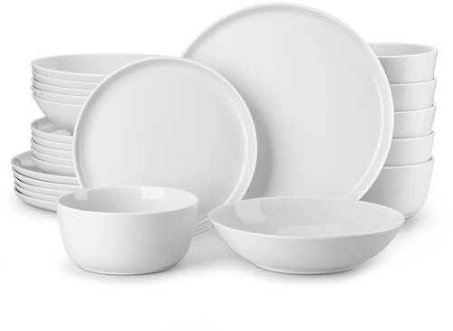 MALACASA Geschirrset 24-teilig, Porzellan Schüssel und Teller Set, Tafelservice 6 Personen, Weiße Speiseteller & Schalen, Rundes Essgeschirr Set, Spülmaschinen- & Mikrowellengeeignet, Serie LEXI