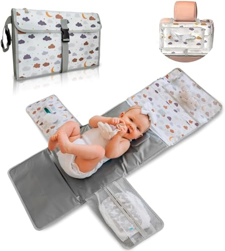 Wickelunterlage für unterwegs kompakte Wickelauflage XL - Kombinierbare abnehmbare Wickeltasche mit 6 Fächern, Tuchspender und bequemes Kissen für den Kopf Ihres Babys.