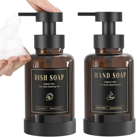 Luxspire Schaumseifenspender, Glasschaum-Pumpseifenspender, rutschfester Handseifenspender mit 5 wasserfesten Etiketten, 450ml/15oz nachfüllbarer Flüssigseifenspender für Bad Küche, Bernstein, 2 Stück