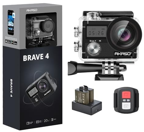 AKASO Action Camera 4K 20MP Action Kamera/Unterwasserkamera mit Bildstabilisierung Zoom Zeitraffer, 30m Camcorder mit Fernbedienung 2 Akkus und Zubehör Kit