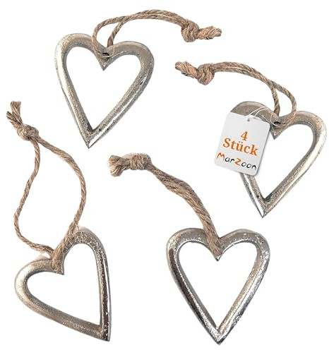 Marzoon 4X Metall Anhänger Herz 4,5 x 5cm - Offene Silberne Metallherzen zum Hängen - Vintage Deko für Geschenke - Mini-Deko - Mitbringsel