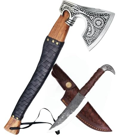 CraftTal®Wikinger Axt mit RABANKOPF Messer 2in1 Set Handgefertigte 1095 karbonstahl Klinge Neujahr, Weihnachten. Jubiläumsgeschenk für Wikingerliebhaber LARP