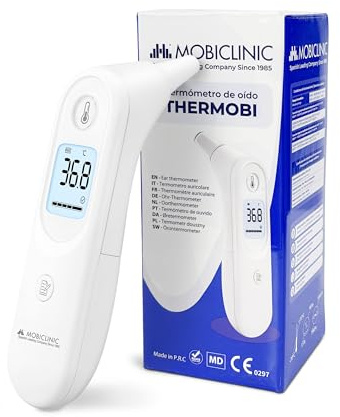 Mobiclinic®, Ohrthermometer, 7 Speicherplätze, Fieberalarm, beleuchtetes Display, weiche und sichere Spitze, automatische Abschaltung, für Kinder und Erwachsene, °C/F, Thermobi1