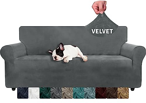 XINEAGE Samt Sofaüberzug 3 Sitzer, Stretch Sofa überzug für Wohnzimmer, Dicke Weiche Sofaüberwurf, Rutschfester Sofa Cover für Hunde, Haustiere (3 Sitzer, Grau)