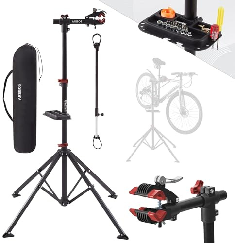 Arebos Fahrrad-Montageständer | Tasche | 360° drehbar | für Mountainbike | E-Bike und Citybike | mit Schnellspannvorrichtung | Profi-Reparaturständer – Schwarz/Rot | Schwarz/Rot