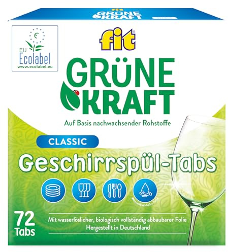 fit Grüne Kraft Classic Tabs 72 Stück - Geschirrspül-Tabs für Spülmaschinen, Sauberkeit, Glanz, wasserlösliche Folie, vegan