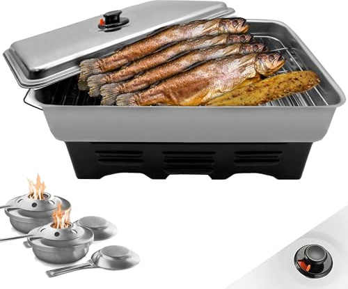Eversmoke Tischräucherofen Edelstahl Deluxe – Mobiler Smoker für bis zu 8 Fische – 2 Ebenen, Fettauffangplatte & 3 regulierbare Brenner (40x25x19cm)