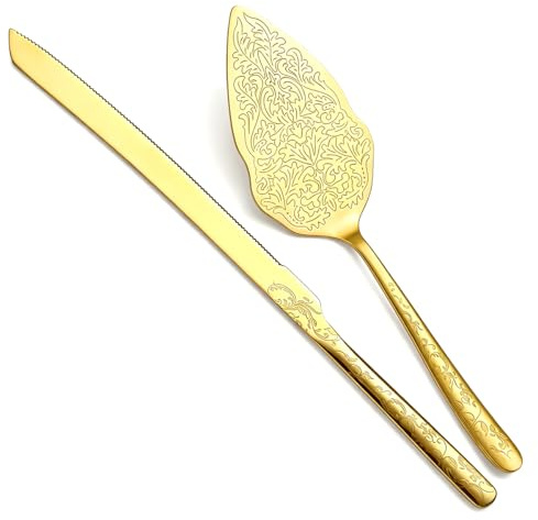 Berglander Gold Hochzeitstorte Messer und Servierset, Titan Vergoldung mit einzigartigem Muster Design Tortenmesser Servierset Perfekt für Hochzeit, Geburtstag, Partys