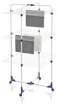 Leifheit Turmtrockner Classic Tower 270 mit Rollen, 27m Leinenlänge für 2-3 Waschmaschinenladungen, platzsparender Wäscheturm mit drei Ebenen, halbseitig abklappbarer Turmwäscheständer für die Dusche