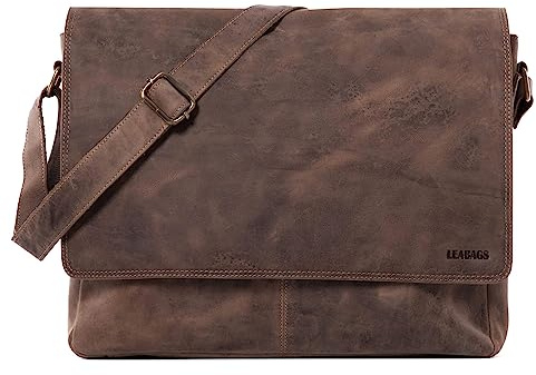 LEABAGS Oxford Leder Schultertasche aus Büffelleder I Laptoptasche bis 15 Zoll im Vintage Look I Messenger Bag mit Schultergurt I Umhängetasche für Büro & Alltag I Vintage Graubraun