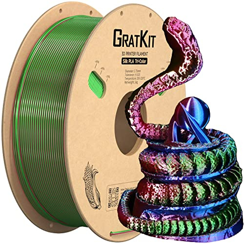 GratKit Silk PLA Filament für 3D Drucker, 1kg, Tricolor Rot Blau Grün | 1,75mm, Maßgenauigkeit±0,03mm, Hochglänzende Oberfläche, Mehrfarbig Regenbogen, Kompatibel mit Bambu Lab, AMS, AMSLite