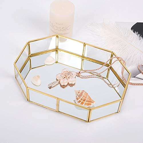 HERCHR Vintage Spiegel Tablett Schmuck Tablett, Verspiegelt Deko Tablett Spiegel Tablett, Spiegeltablett Gold, Verspiegelt Metall Deko Tablett 20.5 X 14.2 X 4.2 Cm